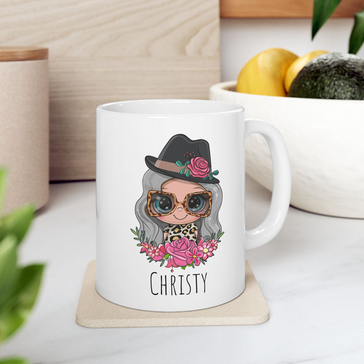 Personalized Enamel or Ceramic Mug - Female Hat & Glasses