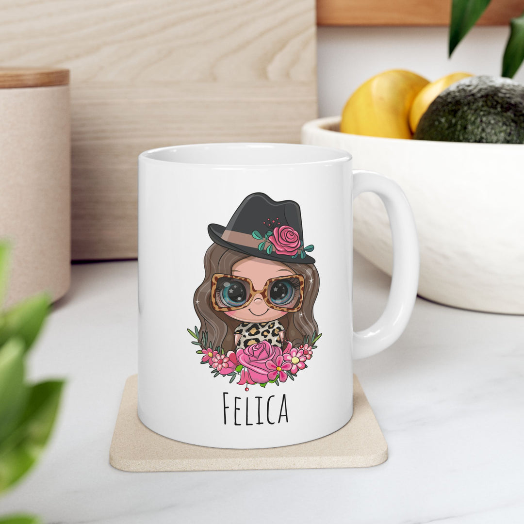 Personalized Enamel or Ceramic Mug - Female Hat & Glasses