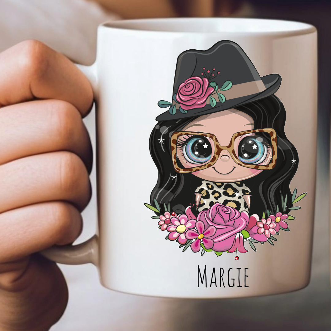 Personalized Female Hat & Sun Glasses Mug - Choose Your Skin Color, Hair Color, and Add A Name Or Text