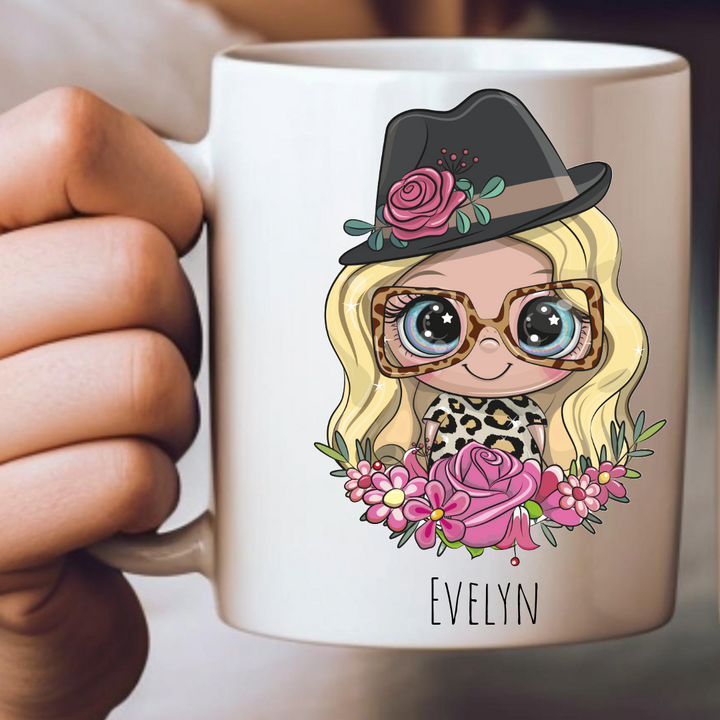 Personalized Female Hat & Sun Glasses Mug - Choose Your Skin Color, Hair Color, and Add A Name Or Text