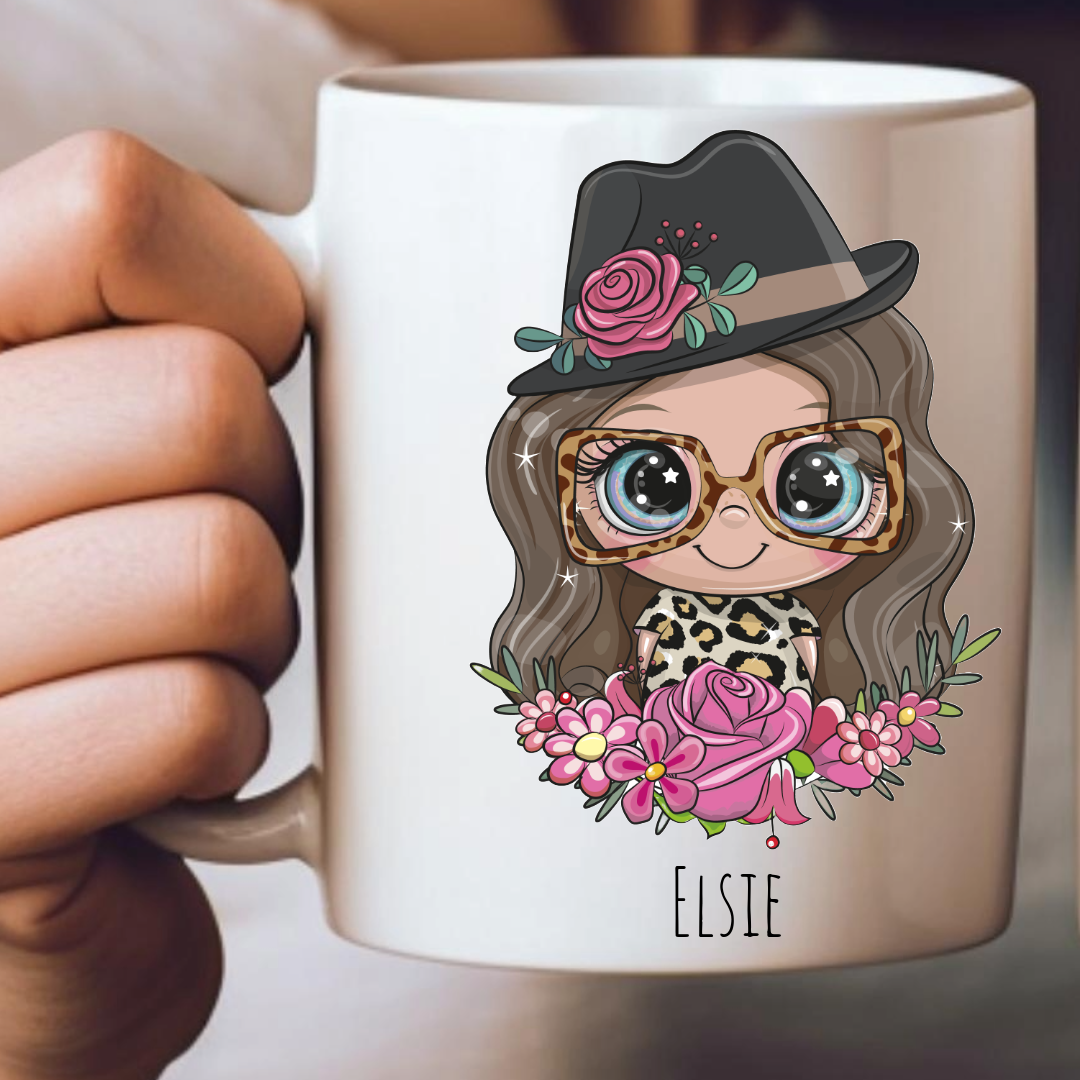 Personalized Female Hat & Sun Glasses Mug - Choose Your Skin Color, Hair Color, and Add A Name Or Text