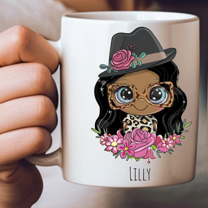 Personalized Female Hat & Sun Glasses Mug - Choose Your Skin Color, Hair Color, and Add A Name Or Text