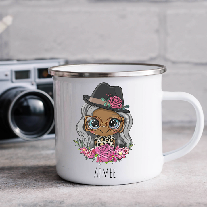Personalized Female Hat & Sun Glasses Mug - Choose Your Skin Color, Hair Color, and Add A Name Or Text