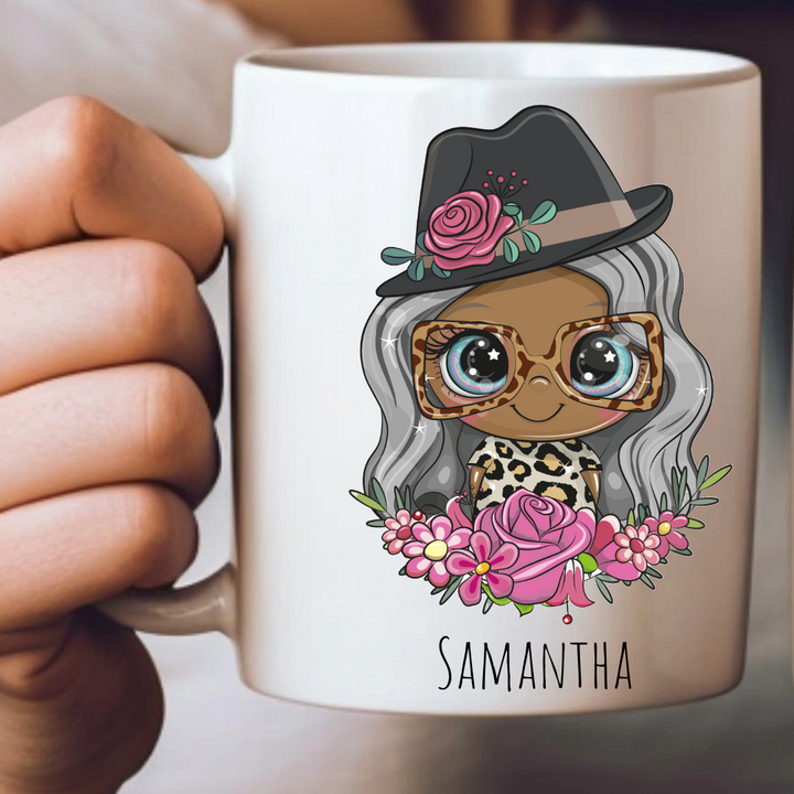 Personalized Female Hat & Sun Glasses Mug - Choose Your Skin Color, Hair Color, and Add A Name Or Text
