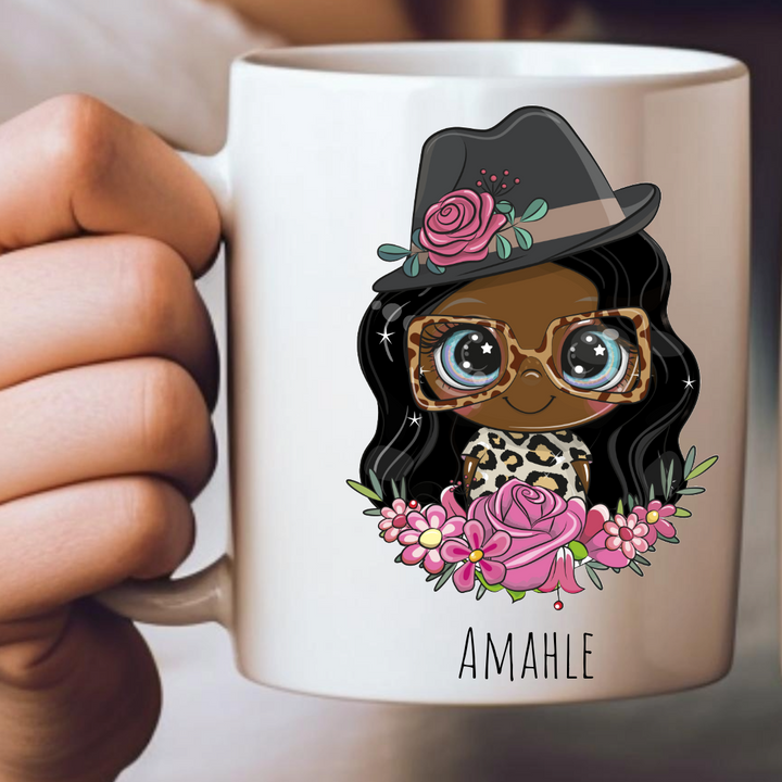 Personalized Female Hat & Sun Glasses Mug - Choose Your Skin Color, Hair Color, and Add A Name Or Text
