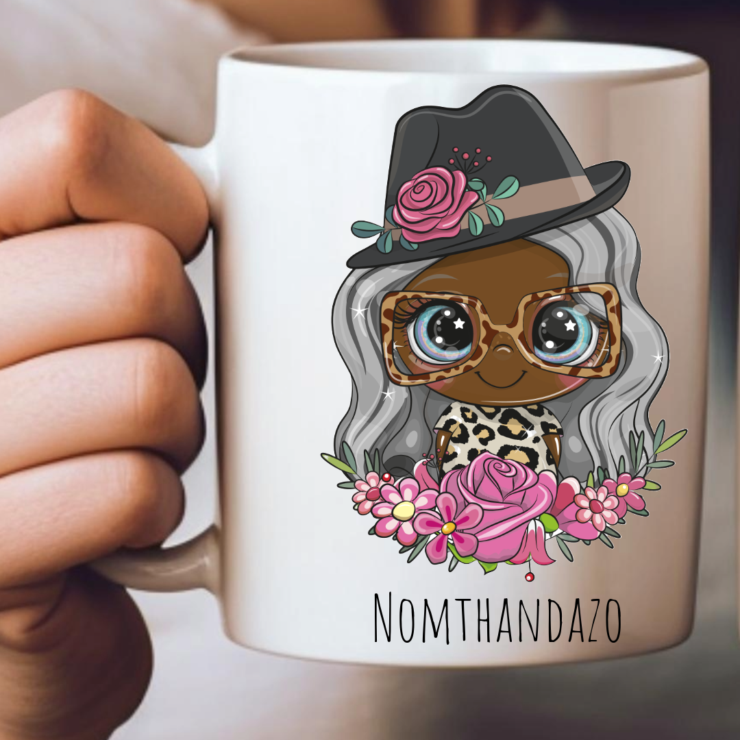 Personalized Female Hat & Sun Glasses Mug - Choose Your Skin Color, Hair Color, and Add A Name Or Text