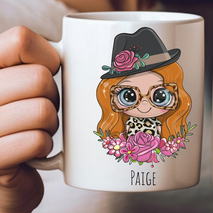 Personalized Female Hat & Sun Glasses Mug - Choose Your Skin Color, Hair Color, and Add A Name Or Text