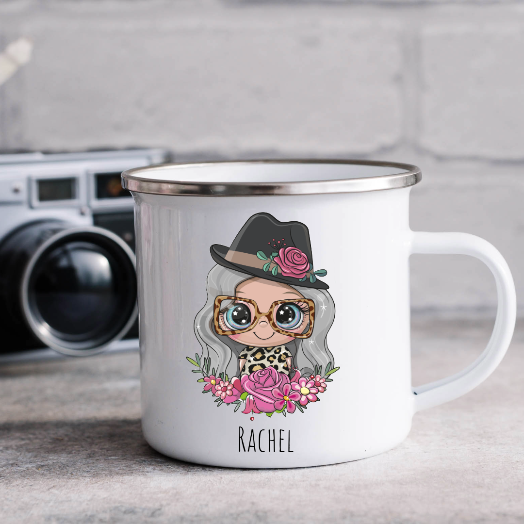 Personalized Female Hat & Sun Glasses Mug - Choose Your Skin Color, Hair Color, and Add A Name Or Text