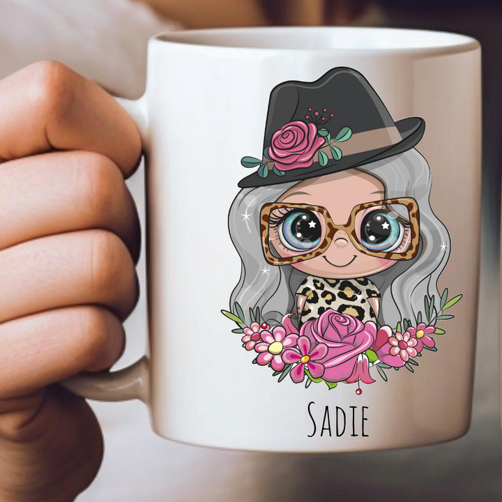 Personalized Female Hat & Sun Glasses Mug - Choose Your Skin Color, Hair Color, and Add A Name Or Text